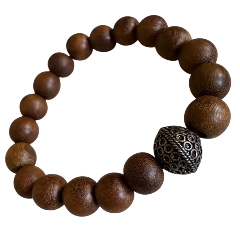 CLASSIC 10mm Wood Bead Stretch Bracelet Brown Silver Tibetan Spacer 6.25–7.25”